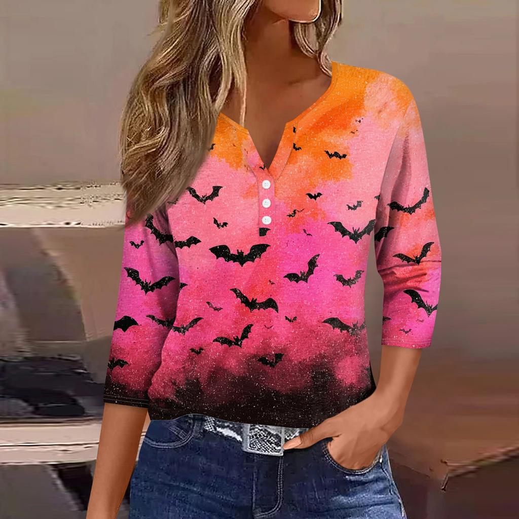 Women's V-Neck Button Halloween Three-quarter Sleeve T-Shirt Top