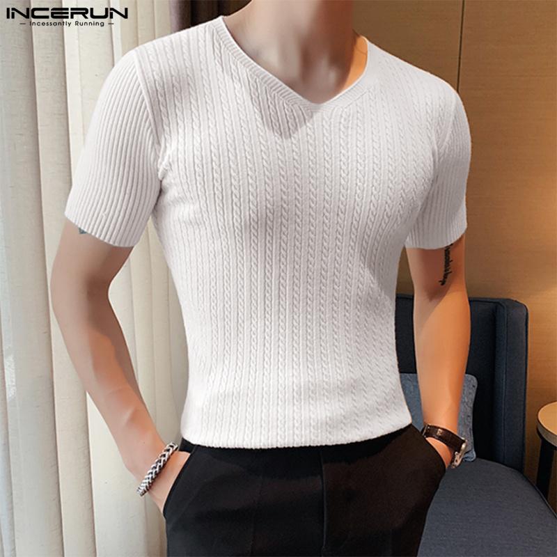 

INCERUN Летние мужские приталенные футболки с коротким рукавом чистого цвета с v-образным вырезом