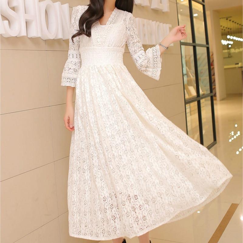 

Летнее женское повседневное свободное кружевное платье макси с V-образным вырезом и длинным рукавом плюс размер XXXL белый
