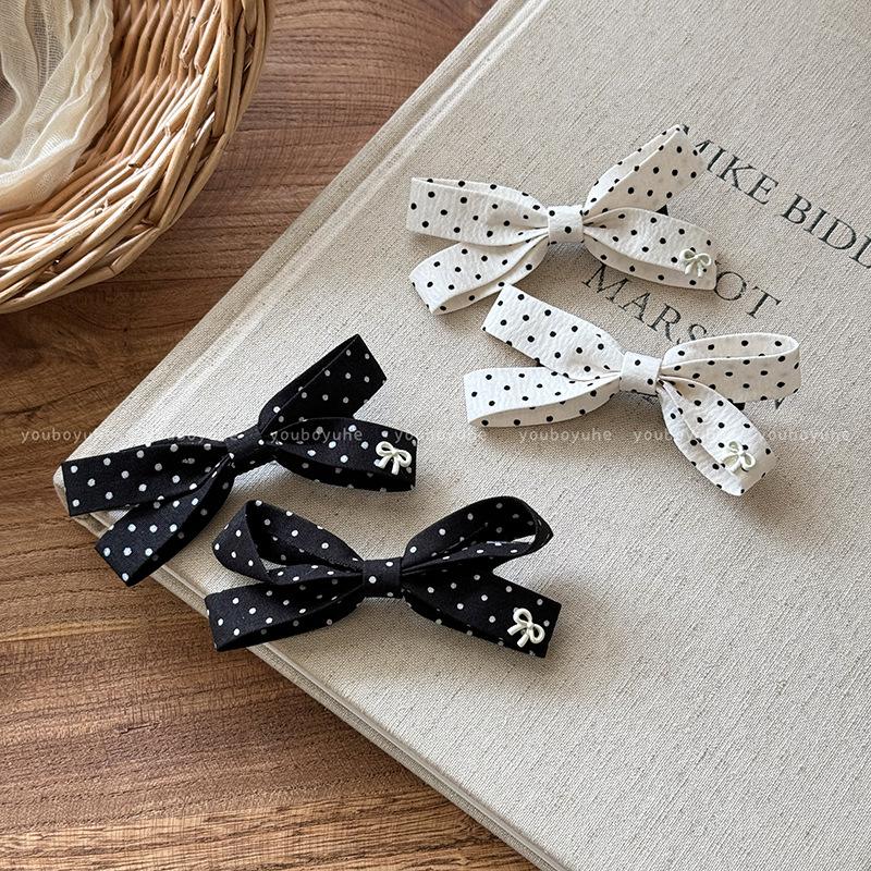 2Pair Black and White Polka Dot Bow Hair Clip Small Fresh Fabric Side Clip Girl Simple Daily Headwear Set Hairbows for Girls