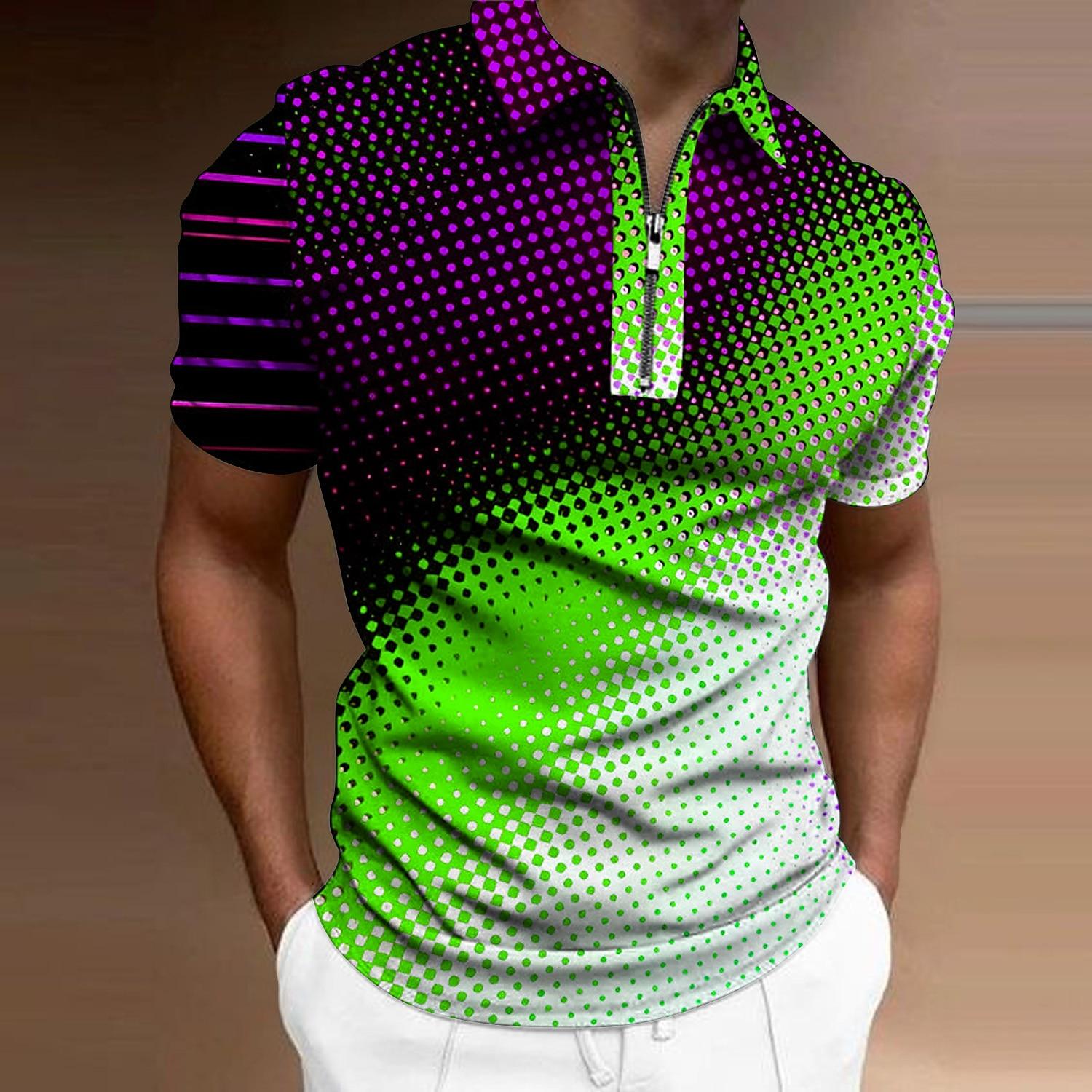 

Мужская рубашка-поло, повседневная рубашка на молнии с коротким рукавом, модная повседневная рубашка на молнии на лето и весну, стандартная посадка, рубашка с 3D синим и желтым принтом в горошек 8XL зелёный