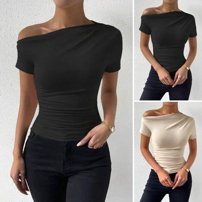 Women Summer T-shirt Skew Collar Short Sleeve Slim Fit Tee Shirt Solid Color Side Shirring Pullover Tops