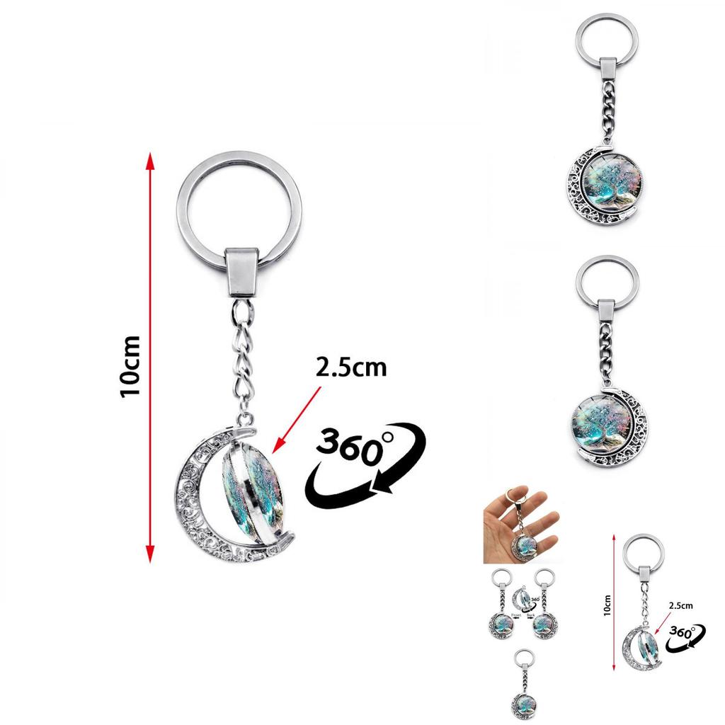 Tree Of Life Pattern Double-sided Rotating Moon Pendant Keychain Metal Key Ring Creative Small Gift Zinc Alloy