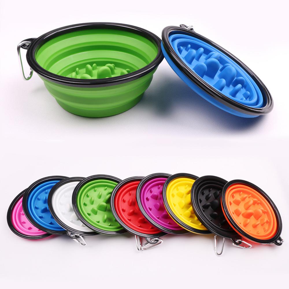 Portable Pet Cat Dog Bowl Silicone Collapsible Slow Feeding Bowl with Hook Foldable Puppy Doggy Water Feeder Cup Solid Color Container