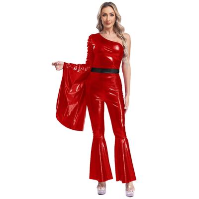 Damen Tanzbekleidung 70er Jahre Disco Vintage Jumpsuit Metallic Flare Ärmel Bodysuit Hippie Bell Bottom Jazz Dance Karneval Rave Party Anzug