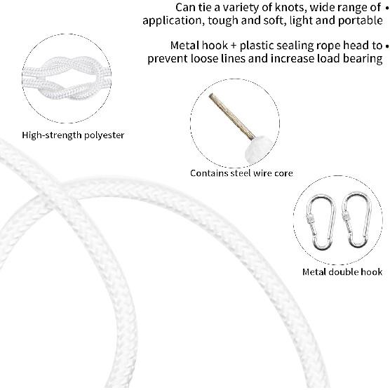5/16" X 66 Ft Wire Center Flagpole Rope, White Braided Polyester Flagpole Halyard Rope with 2 Pieces Stainless Steel Snap Hooks, Solid Rope for