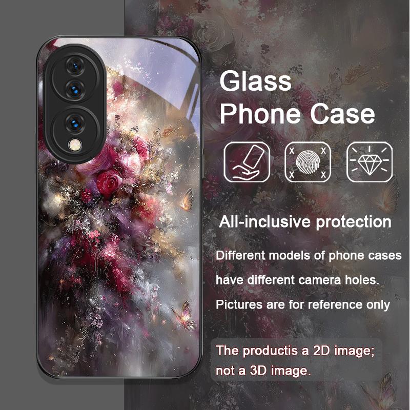Elegant Floral Vintage Flower Pattern Tempered Glass Phone Case for Huawei Honor 200 Lite 100 Pro 90 80 GT Magic 7 6 X8 X9 Cover