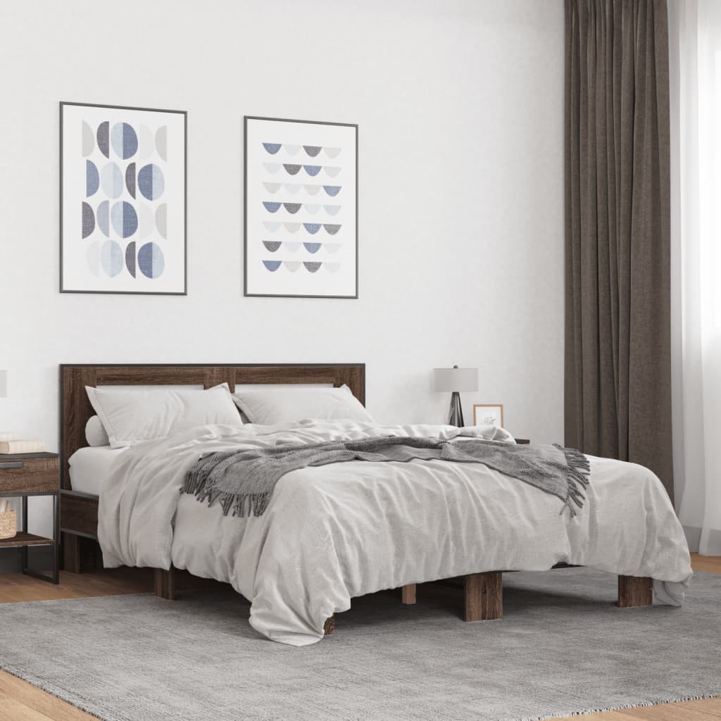 Brown Oak Effect Bed Frame 120 X 200 Cm Wood Based Panel & Metal