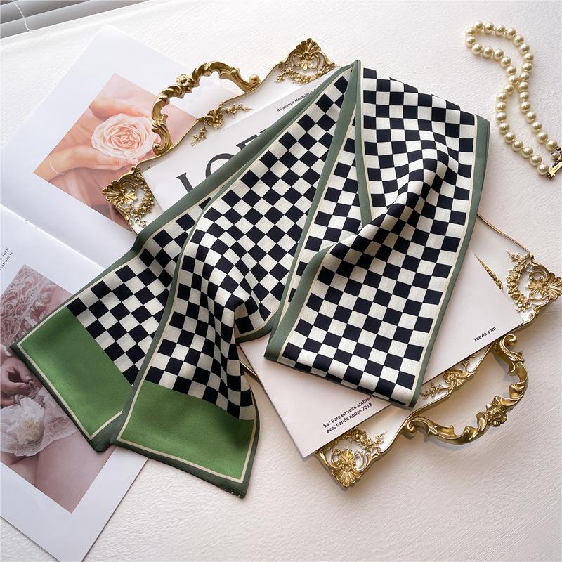 Chessboard silk scarf, foreign style scarf, imitation silk, double-sided scarf, thin and narrow strip, black and white simple and versatile silk scarf