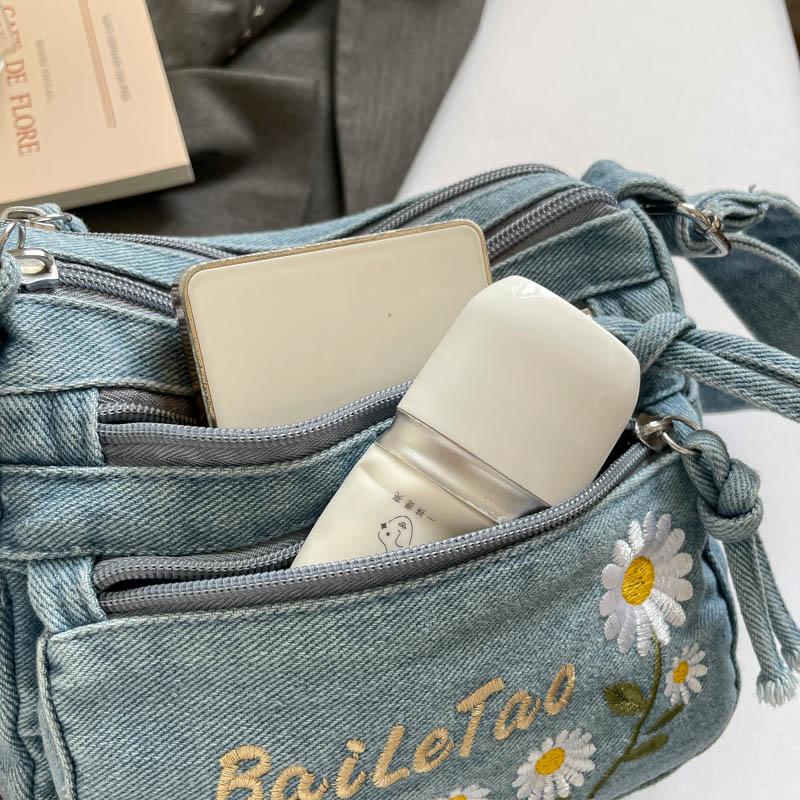 Lightweight Denim Zipper Crossbody Bag Stitching Line Embroidery Decoration Bag Hot Sale Casual Youth Women's Shoulder Bags