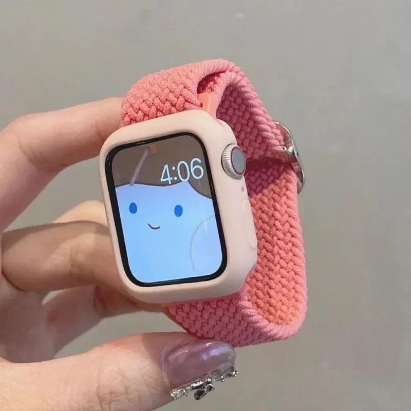 Korean Cute Braied Strap + Case For Apple Watch Band 49mm 46mm 45 44 38 42 Nylon Bracelet For iWatch Series 10 9 8 7 6 5 4 3 SE
