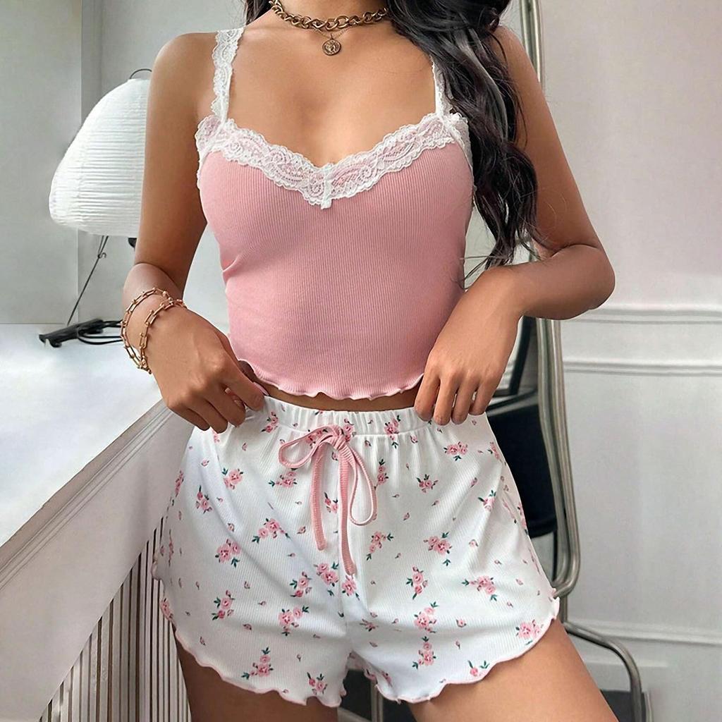 Women Pajama Set Lace Patchwork V-Neck Sleepwear Sexy Nighties Suit Camisole Top Printed Shorts Soft Pyjamas Loungewear