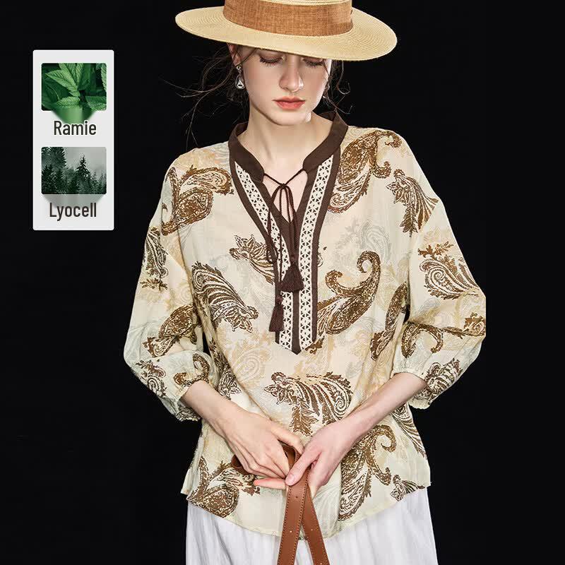 Women s Tencel Ramie Paisley Print Y-Neck Shirt L хаки