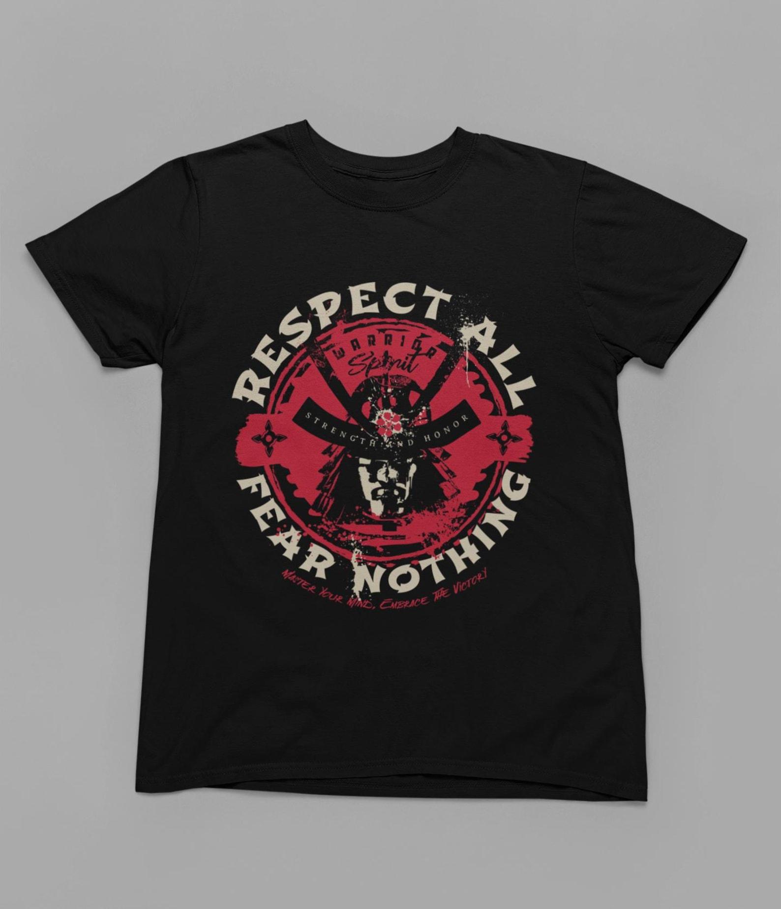 Respect All Fear Nothing Samurai T-Shirt, Japanese Warrior Motivational Graphic Tee, Bushido Unisex Shirt, Gift For Him | Skull Crossed Guns M