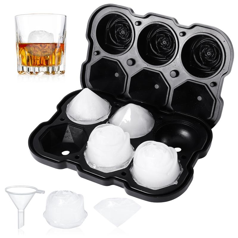 

6 Grid Ice Cube Tray Easy Release Diamond Ice Cube Mold With Funnel Silicone 3D Rose Ice Ball Maker For Cocktails Whiskey чёрный