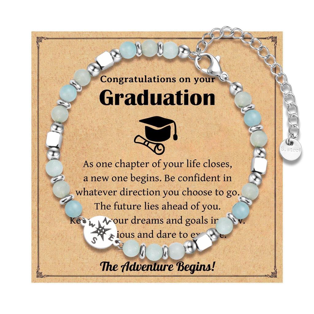 2026 Graduation Gifts Stainless Steel Compass Amazonite Amethyst Beads Bracelets for Women Girls High School College Graduates