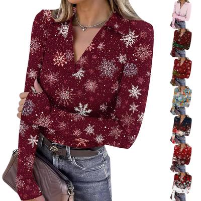 Women's Fashion Casual Christmas Print V-Neck Long Sleeve Button-Down Top