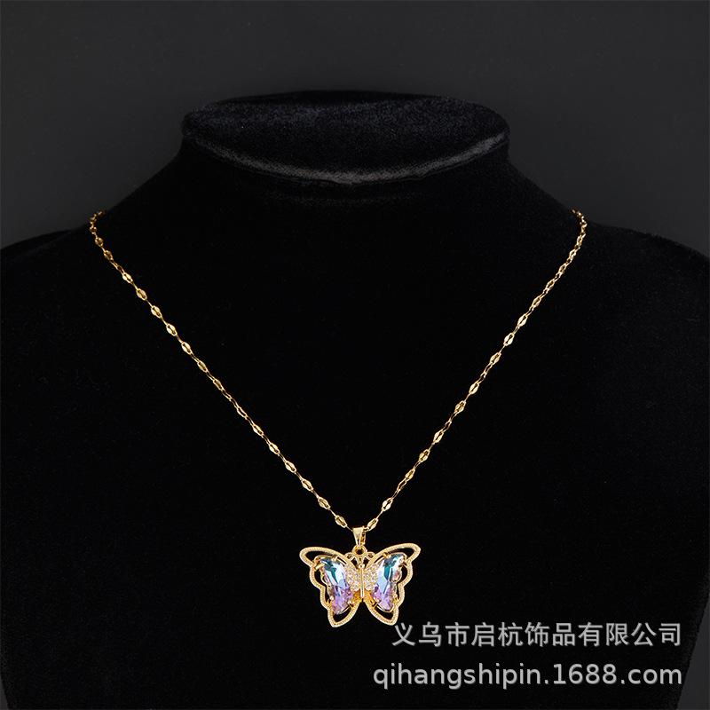 Butterfly Necklace Women'S Light Luxury Simple Personality Trend Inlaid Colorful Pendant Collarbone Chain