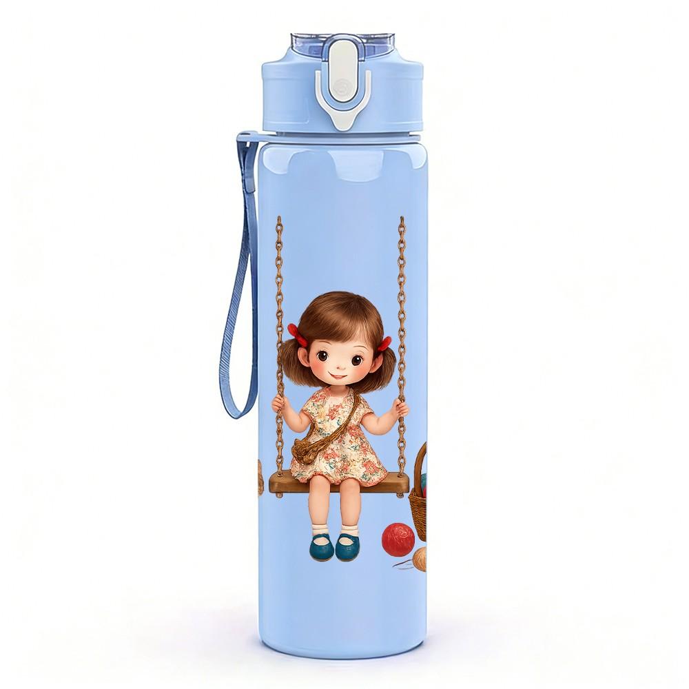 1PC Little Girl Swing Cartoon Print 750ml Color Plastic Sports Water Bottle Leakproof Flip Straw Lid Suitable for Sports Office Home Use