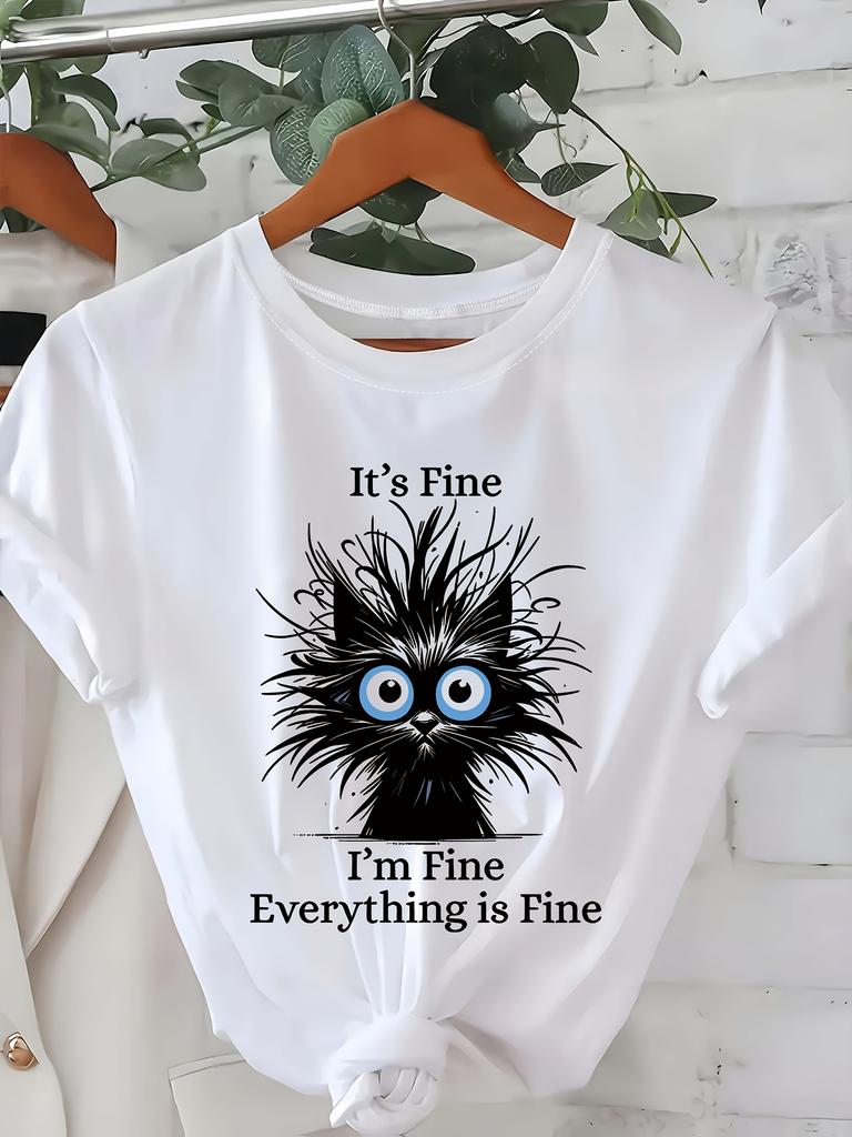 Womens Light Blue Casual Sleeve TShirt Its Fine Im Fine Everything Is Fine Sarcastic Cat Graphic Print Round Neck Summer