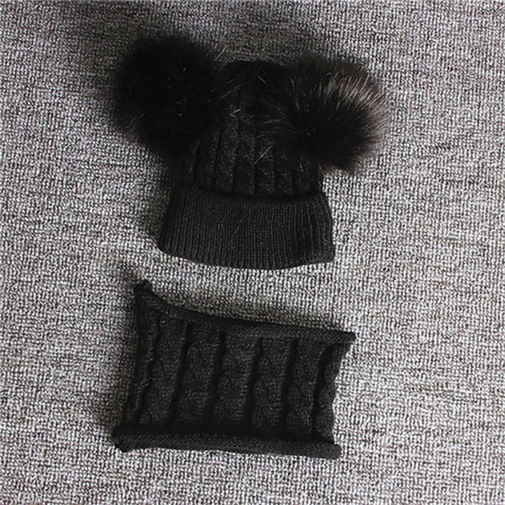 Children Beanie Pompom Neck Knitted Warm Hat Winter Scarf Set