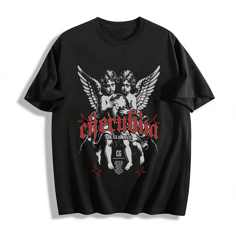 

Vintage Cherubim Guardian Print Streetwear Loose Casual Couple T-Shirt Pure cotton T-shirt XXS