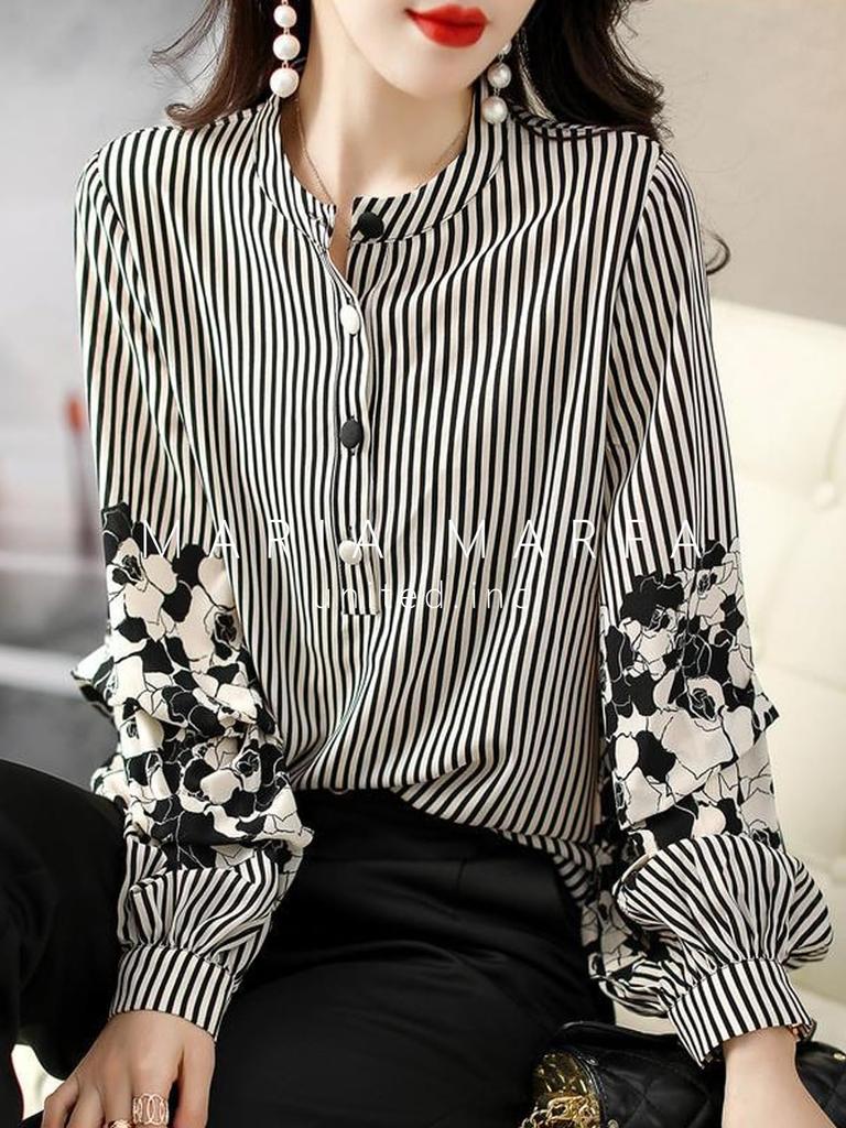 MARIA MARFA Floral and Striped Soft and Women's Blouse, Fluffy, Office-Ready, Neat, Cute, Modern, Spring, Black, 5S-M09-BKXL