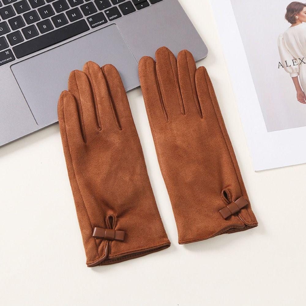 Soft Pu Leather Gloves Bownot Women Cycling Mittens Gift Winter Bow Suede Gloves Winter