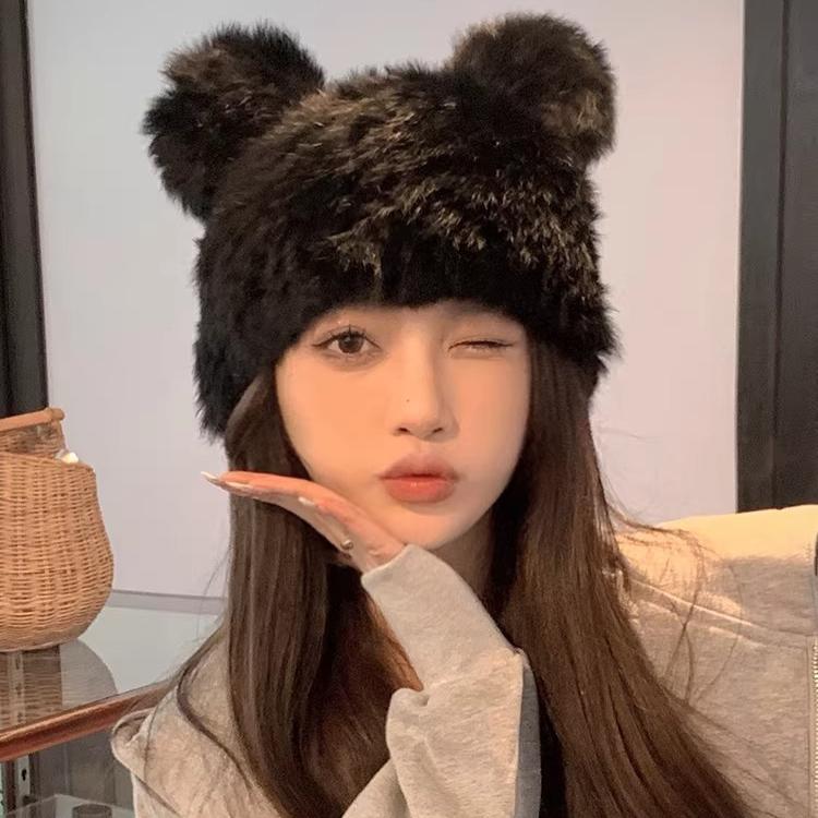 Mickey Ears Rabbit Hair Hat Women's Autumn and Winter Thickened Cold-proof Warm Baotou Hat Plush Fur Cute Headscarf Hat