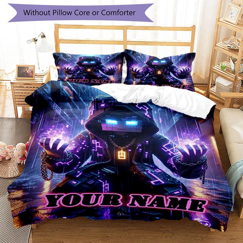 3PC Custom Name Cyberpunk Neon Dreams Bedding Set Printed Bedding Set Duvet Cover Closure Includes 1 Duvet Cover & 290 Pillowcases for Bedroom
