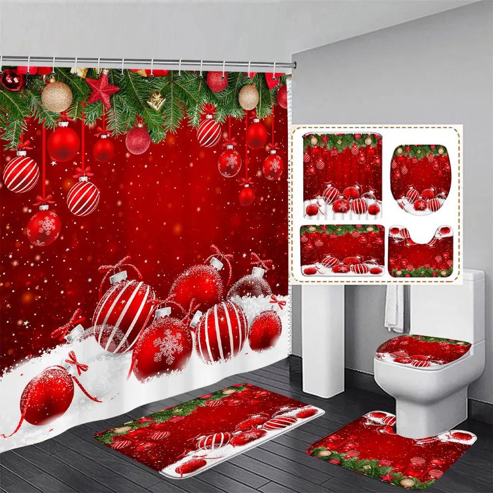 Niedlicher Schneemann-Weihnachts-Duschvorhang-Set, silberne Tannenzweige, Schneeflocken-Weihnachtskugeln, Badezimmer-Dekor, Teppich, Badematte, Toilettendeckelbezug