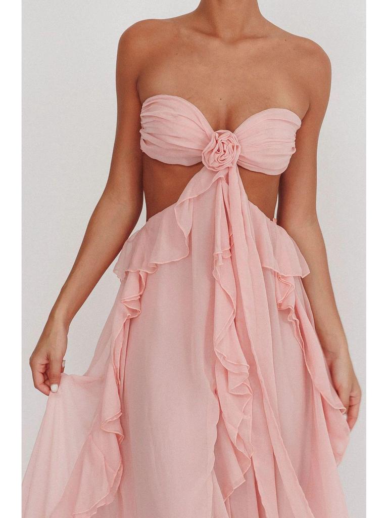 European & American 2026 Women's Elegant Chiffon Ruffle Slit Long Dress