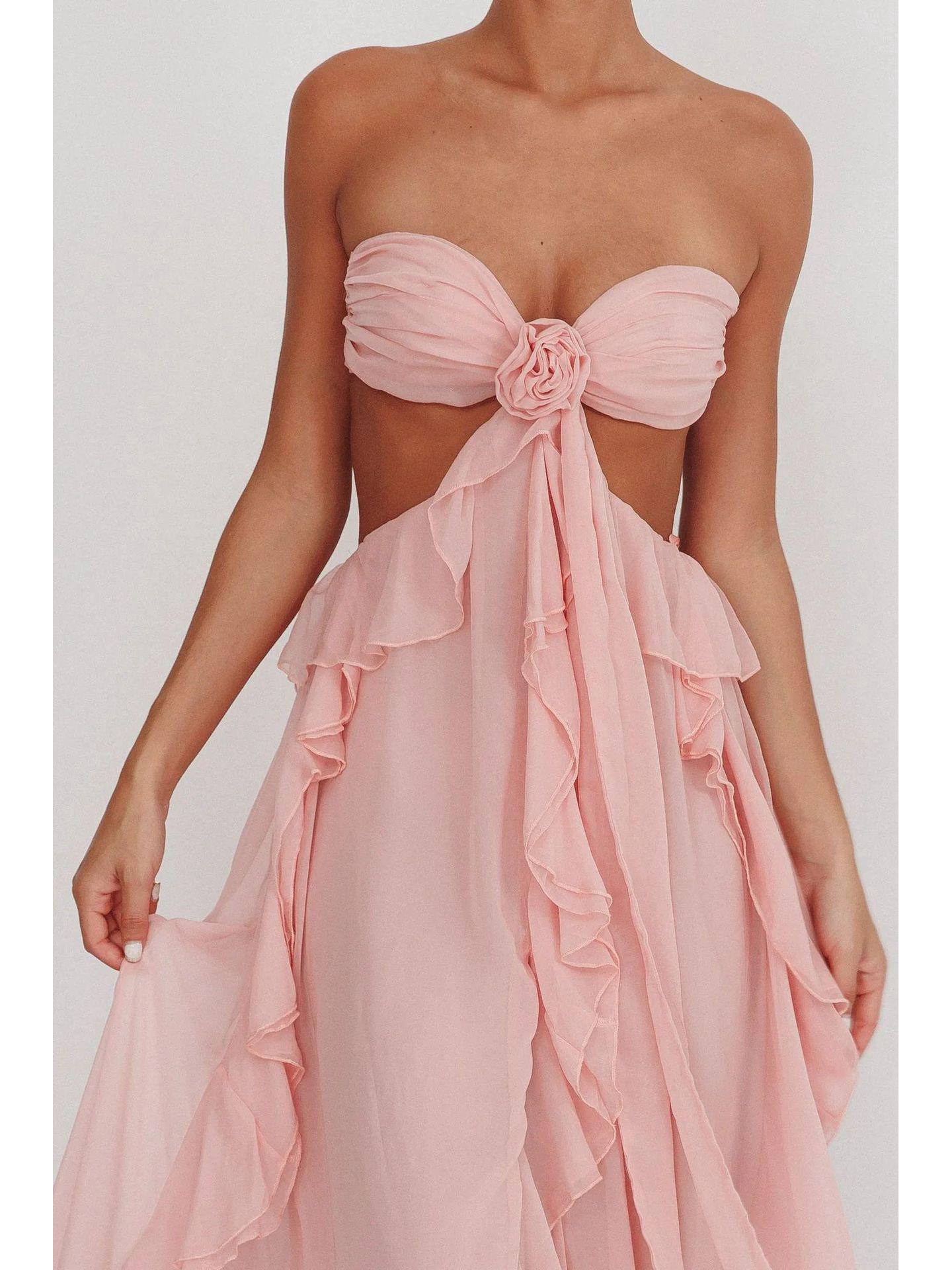 Европейское и американское женское элегантное длинное шифоновое платье с оборками и разрезом 2026 Small розовый