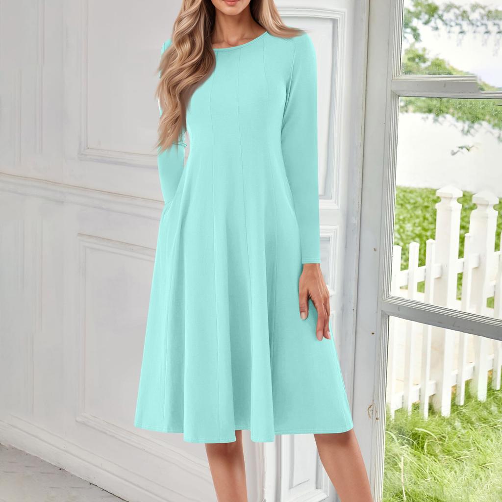 Damen Freizeitmode Rundhals Langarm Farbe Midi Kleid