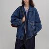 Women's Color-Block Bomber Jacket - Pre-owned Feel, Washed Denim Texture, Stand-up Collar