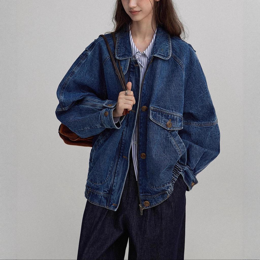 Women's Color-Block Bomber Jacket - Pre-owned Feel, Washed Denim Texture, Stand-up Collar
