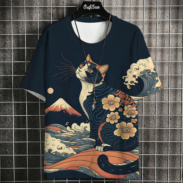 Camiseta Estampada de Gato de Anime de Dibujos Animados Para Hombre Camisetas Japonesas Camiseta de Lobo Tops Hip Hop para Exterior Ropa Camisetas Casuales Sueltas de Manga Corta