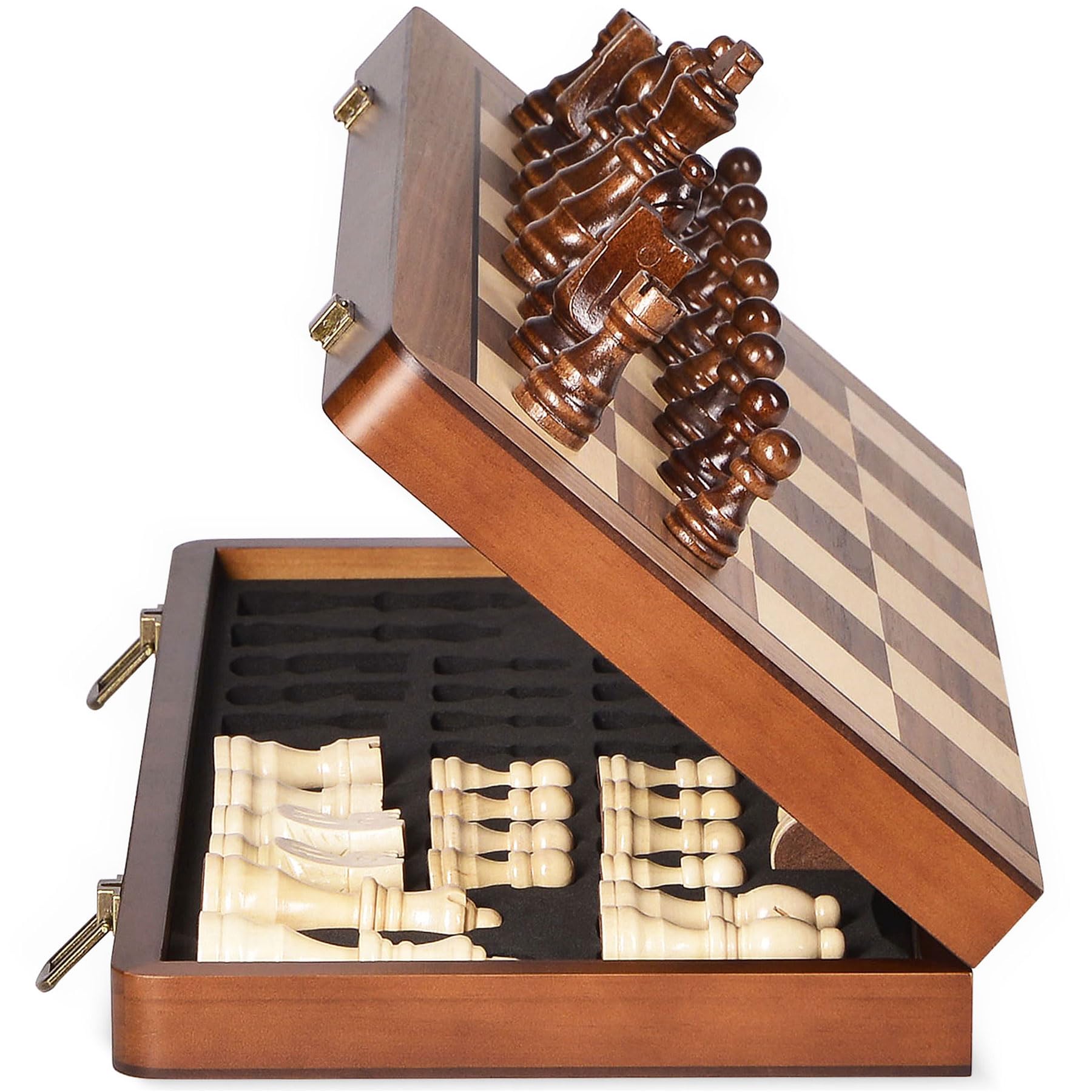 

ELONGDI Wooden Chess Set with Magnetic Pieces Extra Queen Foldable Chess Portable Travel Tournament Chess Board Game for Adults and Kids 15-inch - -