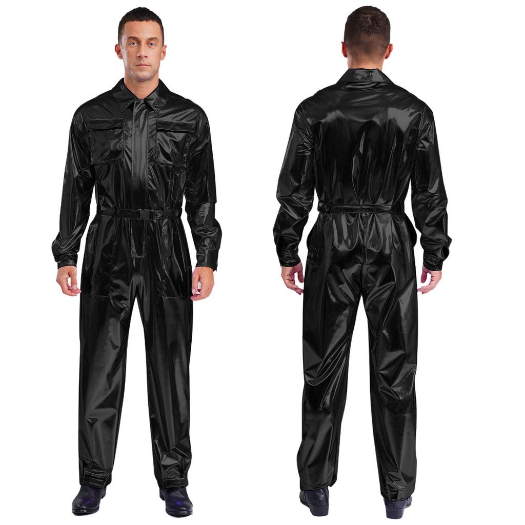 Glanzende Metallic Turn-down Kraag Lange Mouwen Hoge Taille Jumpsuit Heren Halloween Kostuum