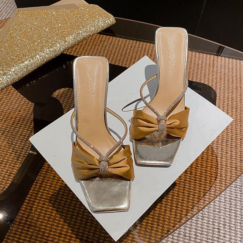 Poplar Woods Rhinestone Square Head Satin High Heel Slippers Celebrity Temperament Thin Heel Champagne Cross Word with Sandals Woman