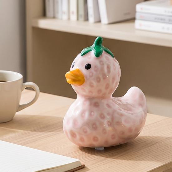 Whimsical Duck Statue for Office Ceramic Fruit Figurine, Cute Strawberry & Banana Decor Statue, Creative Desktop Home Bedroom Gift Friends