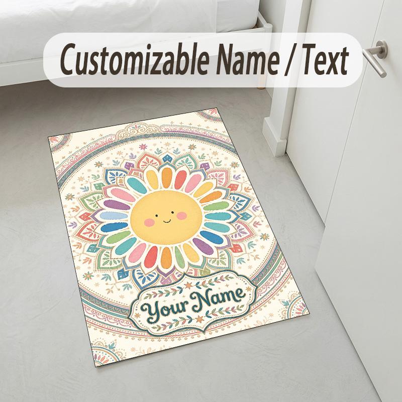 Sunburst Theme Soft Crystal Velvet Rug Custom Name & Text Print Non Slip Floor Rug for Bedroom Living Room