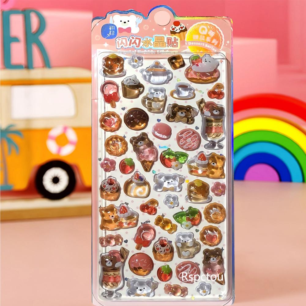 4pcs Cute Dessert Food Animals Cartoon Stickers Funny 3D Crystal Decals Kawaii Decorative Scrapbook Phone Case Car