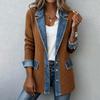 Women's Casual Denim Knit Patchwork Jacket with Lapel Collar for Everyday Wear