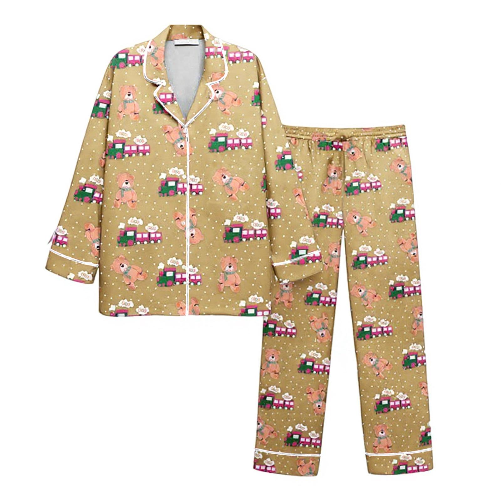 

Women s 2 Piece Printed Suit Long Sleeve Button Up Top Wide Leg Pants Suit Set Pajamas Home Casual Suit S хакі