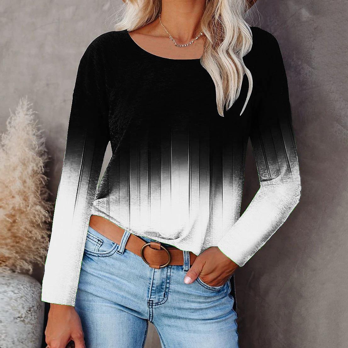 

Женские осенние топы, свободная футболка с градиентным принтом кота, повседневная футболка с длинными рукавами, верхняя блузка 5XL белый