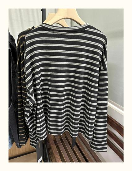 Xiao Wang's 52009 Autumn Korean-Style Loose Plus Size Casual Striped Round Neck Long Sleeve T-shirt