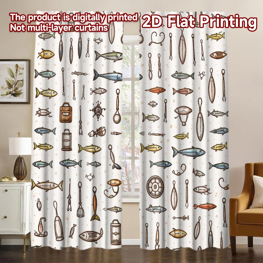 IMPRESSION PLATE 2D 2 pièces Rideaux (Sans Canne) Équipement de pêche et poissons Rideaux filtrants la lumière populaires Polyester Installation facile