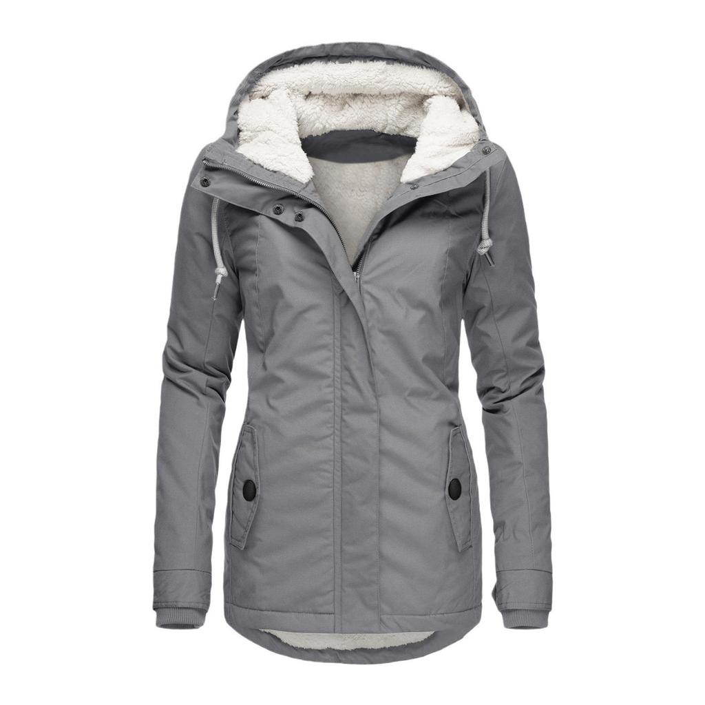 Women's Hooded Cotton Jacket with Plush Lining - Medium Long Style for Autumn/Winter