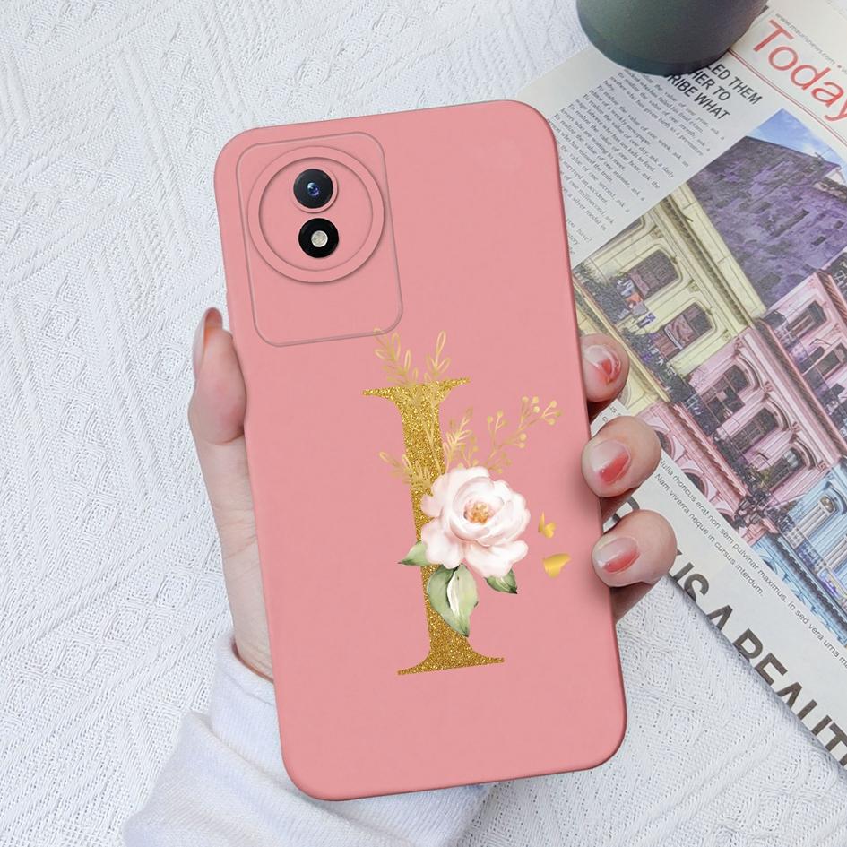 Telefon Fall Für Vivo Y02S Y11 Y12 Y15 Y16 Y17 Y19 Y20 Y21 Y30 4G 5G Luxus Schutzhülle flüssigkeit Weiche Silikon Blume Buchstaben Fundas Für Vivo Stoßstange Coque